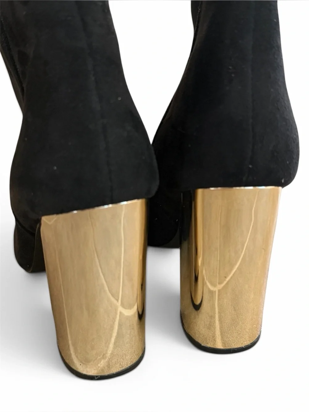 Boutique Ankle Booties Gold Mirror Block Heel Faux Suede Women’s Size 9